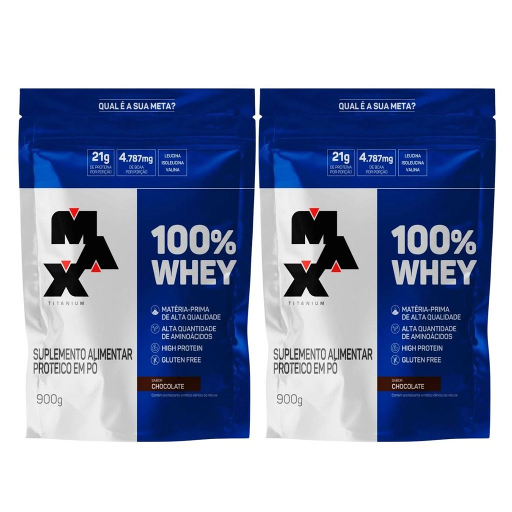 Kit 2 Whey Protein 100% Concentrado Chocolate Refil 21g de Proteína 900g Max Titanium
