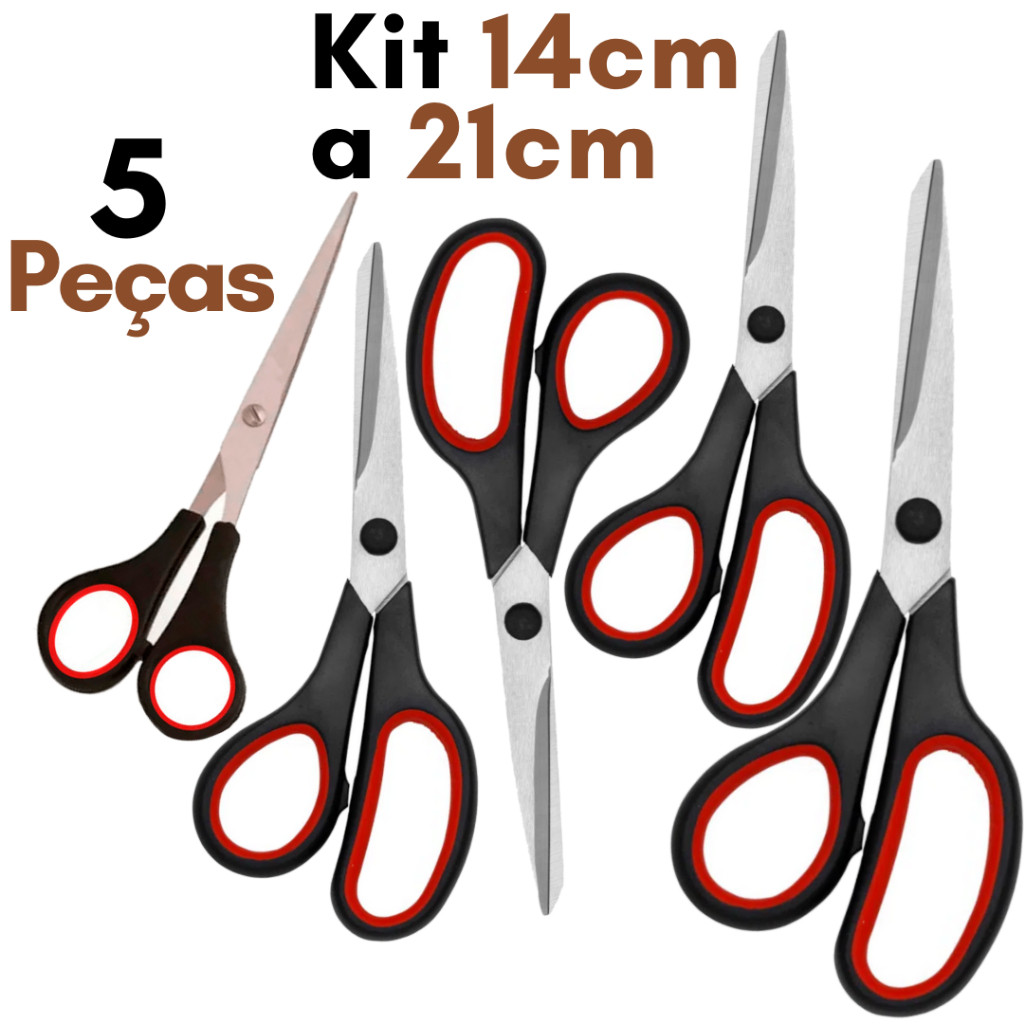 Kit Tesouras Aço Inox Ponta Fina Jogo 5  Tesoura Afiada Corte Costura Multiuso Inoxidavel