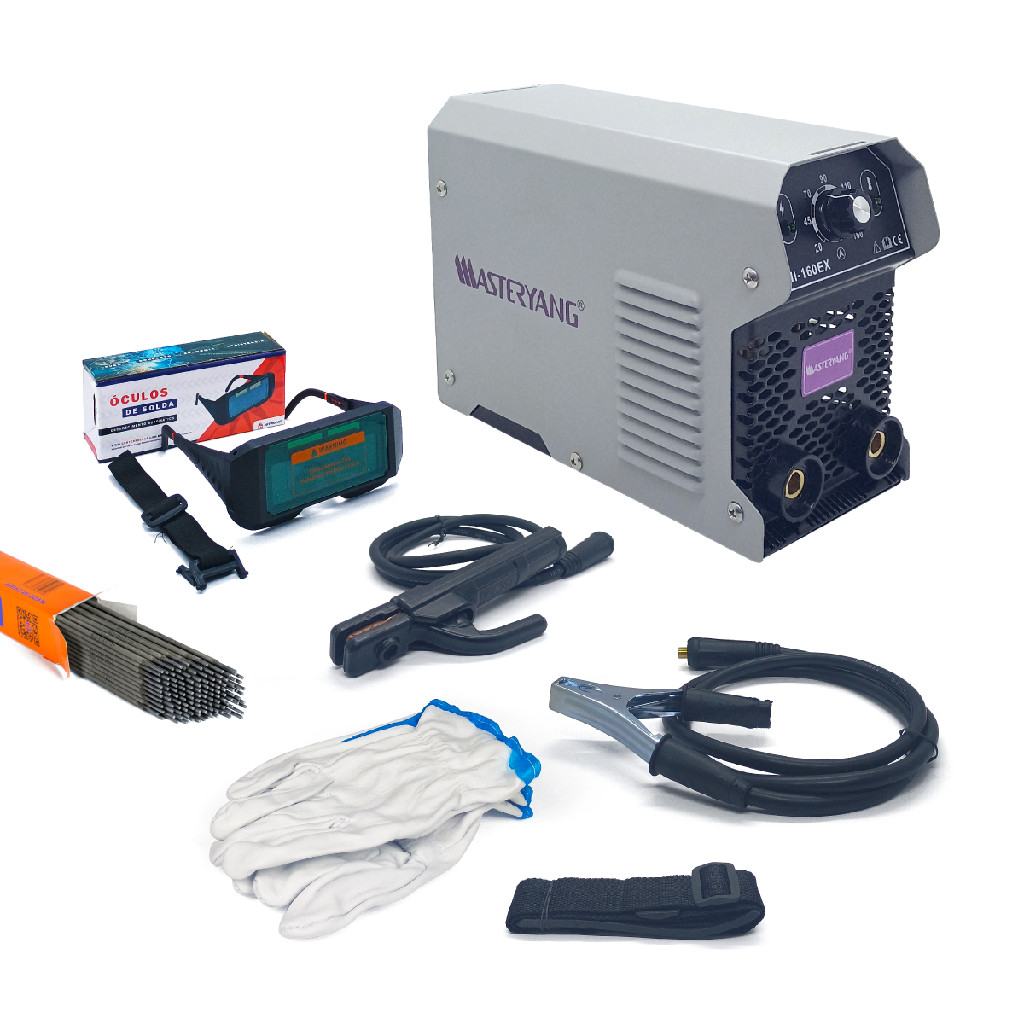 Máquina Inversora de Solda Portátil 160A MMA S/Gás 220V Kit Completo Eletrodos 6013 + Óculos + Luva