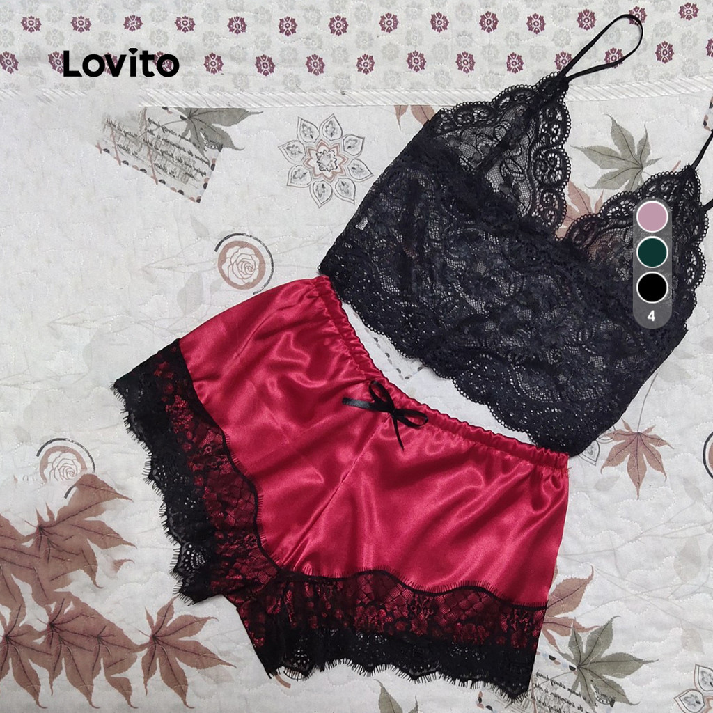 Lovito Conjunto Pijama 2 Peças Seda Gelada Bojo Decote Baixo Primavera/Verão LNE130180 em Oferta na Shopee