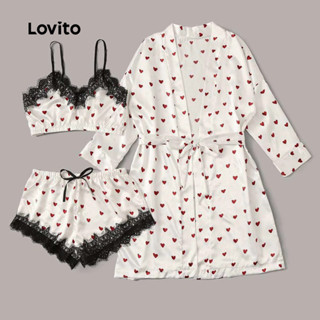 Lovito Conjunto Pijama 3 Peças Estampa Coração Renda Robe Primavera/Verão Mulheres LNE130076 em Oferta na Shopee