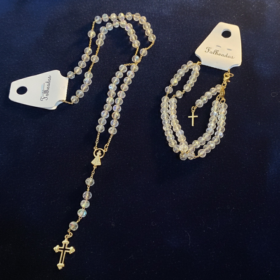 Kit Terço Folheado + Pulseira Ajustável Lembrança Religiosa Nossa Senhora Aparecida