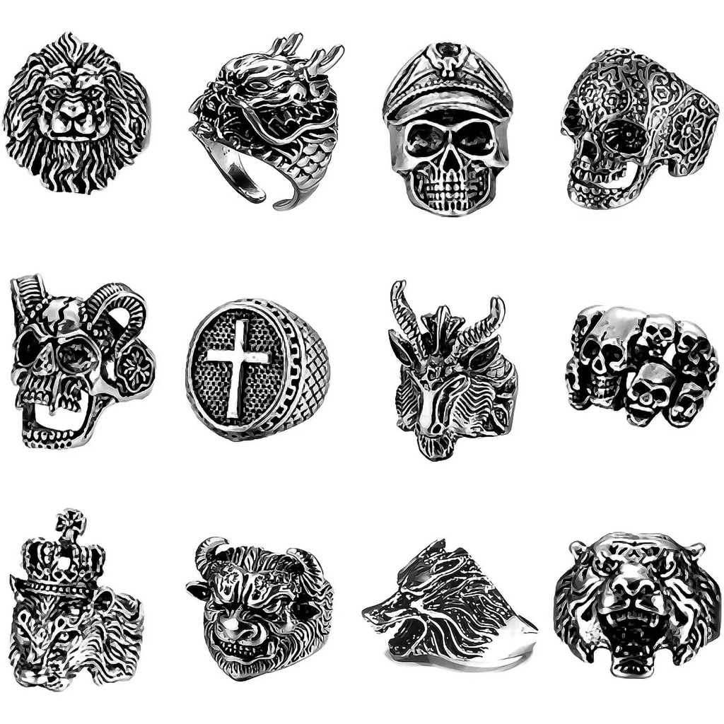 Anel de caveira Animal cabeça de leão cabeça de lobo cabeça de tigre cabeça de touro retrô Hip Hop conjunto de combinaçã em Oferta na Shopee