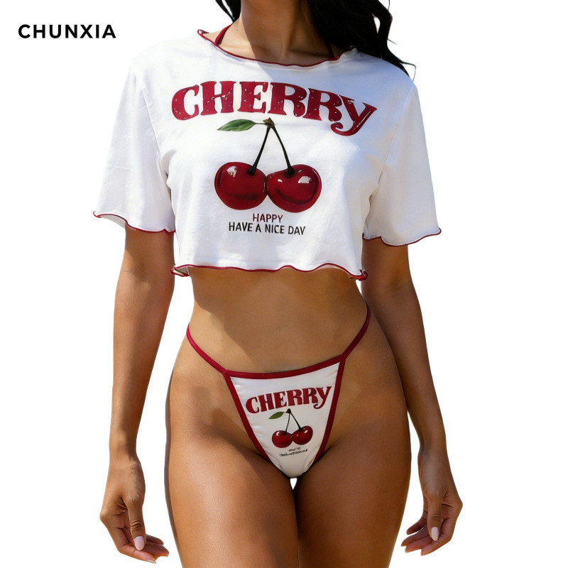 Cereja impresso quente menina terno curto camiseta + Sexy tanga puro desejo estilo férias Loungewear terno de duas peças