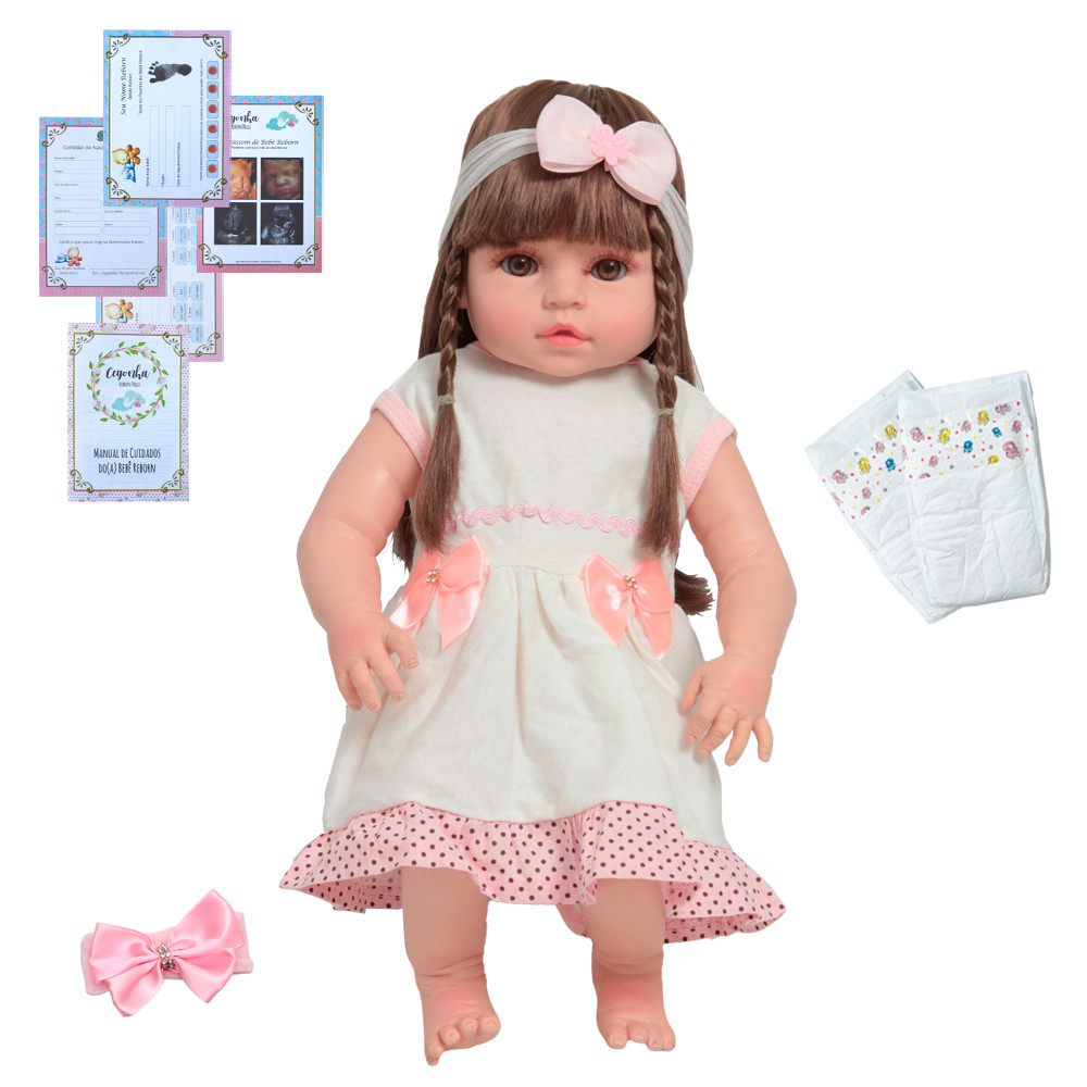 Kit Bebê Reborn Boneca Valentina Menina Castanha Vestido Xodó Rosa