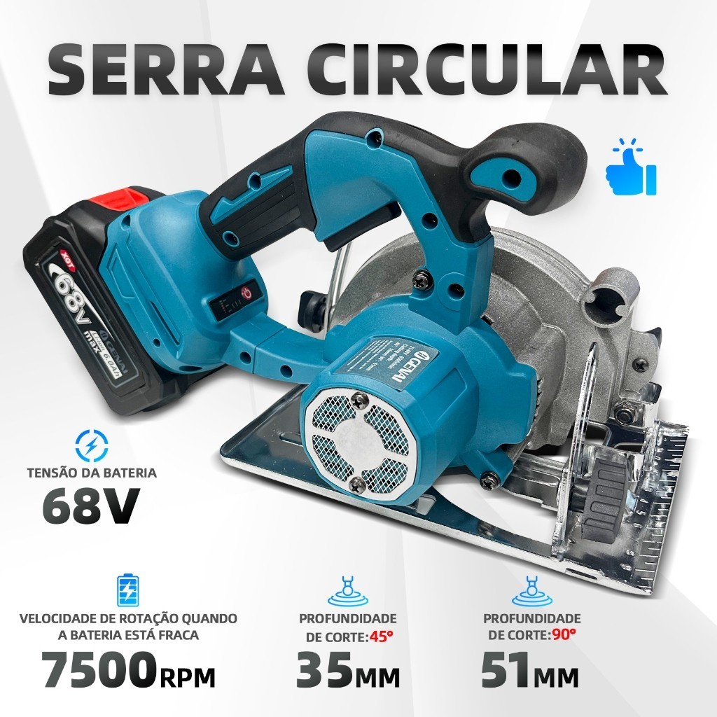Serra Circular Sem Fio Recarregável E Portátil 2 Bateria 68v
