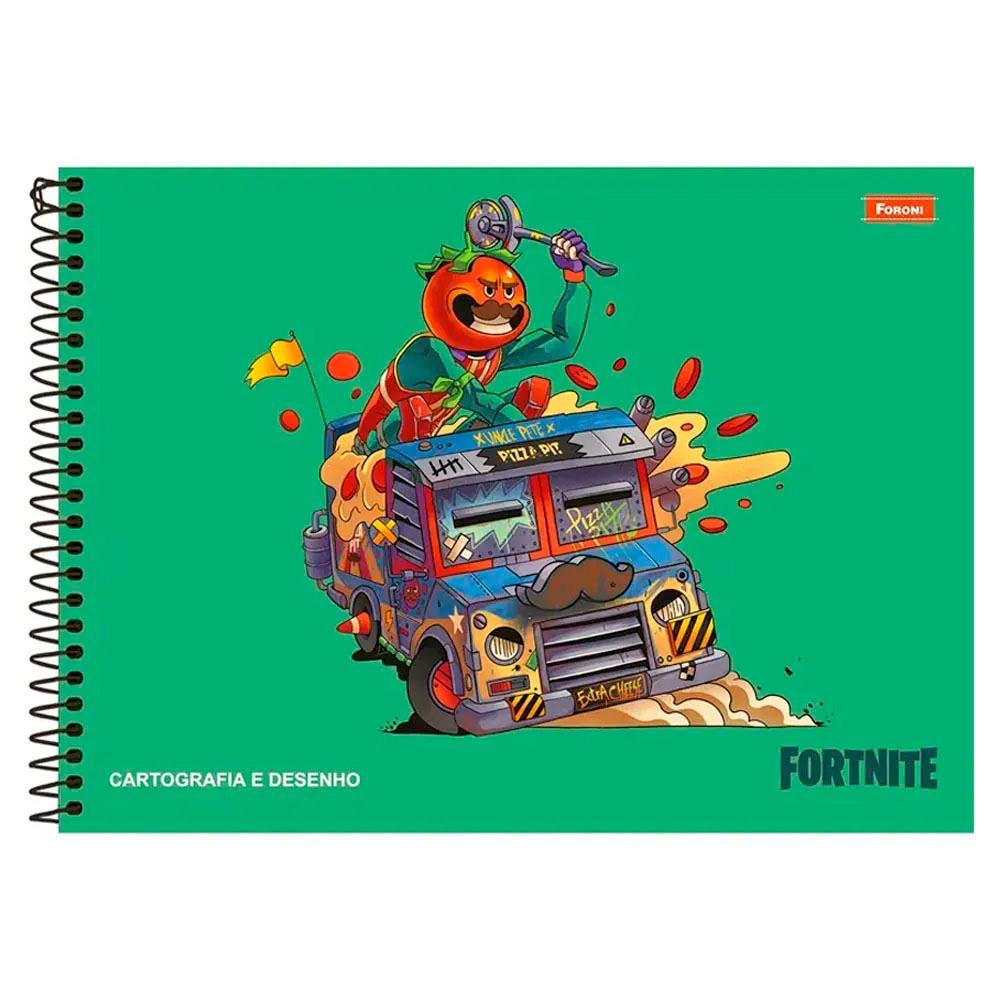 Caderno Cartografia e Desenho 20x27,5cm Espiral 80 Folhas Fortnite Pizza Foroni