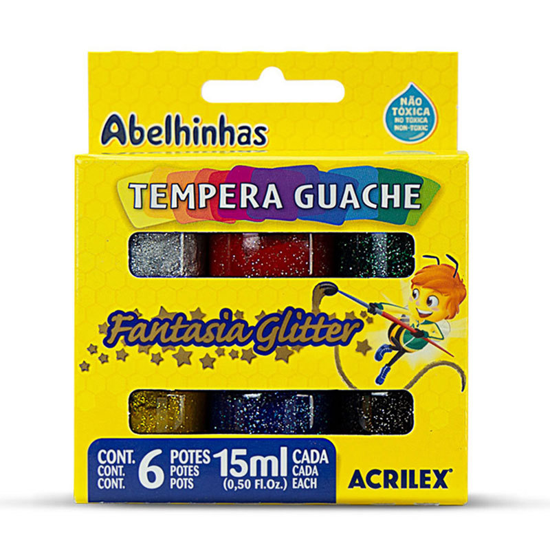 Tinta guache Fantasia Glitter 6 cores 15ml 02001 Acrilex em Oferta na Shopee