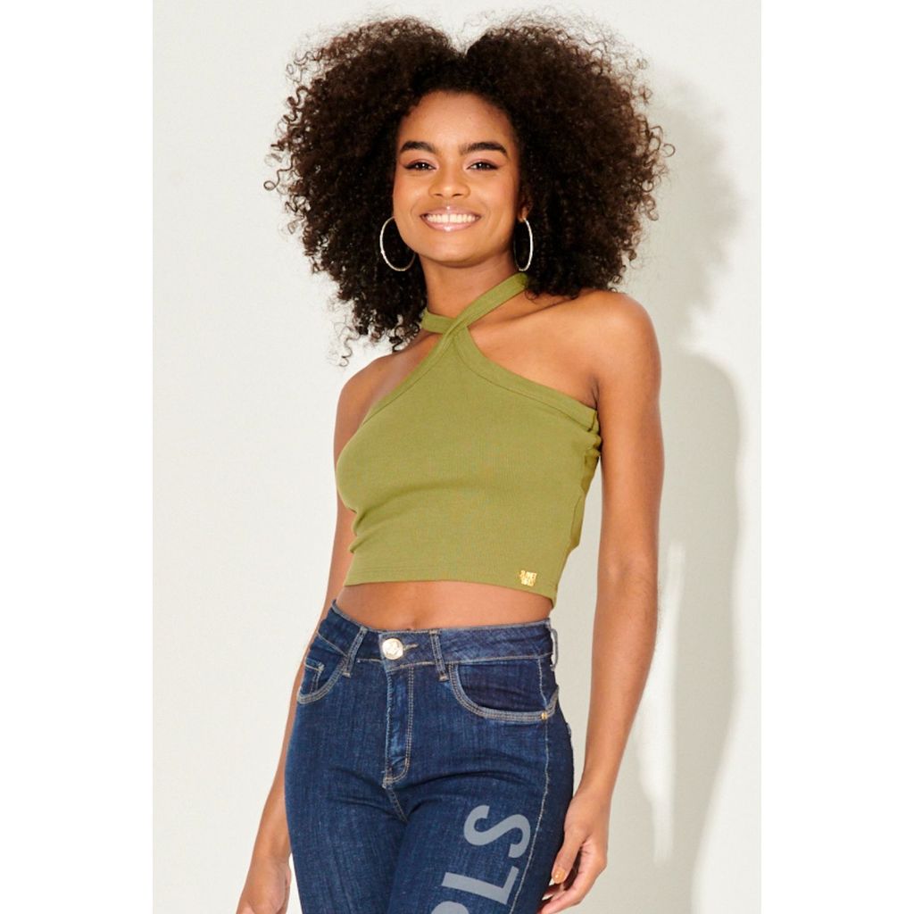 Cropped Feminino Liso Alça Cruzada Planet Girls Verde Escuro