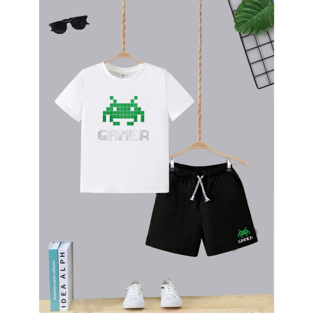 Kit Camiseta Masculina + Short Conjunto Juvenil Infantil Algodão Confortável Gamer Roupa