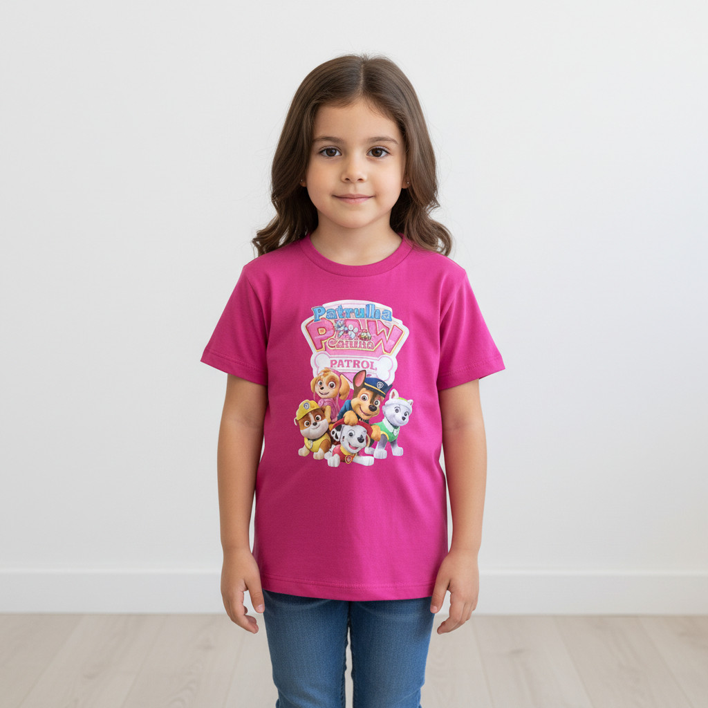 Camiseta Infantil Patrulha Canina Estampada Manga Curta em Algodão, Roupa Confortável para Criança, Casual e Moderna
