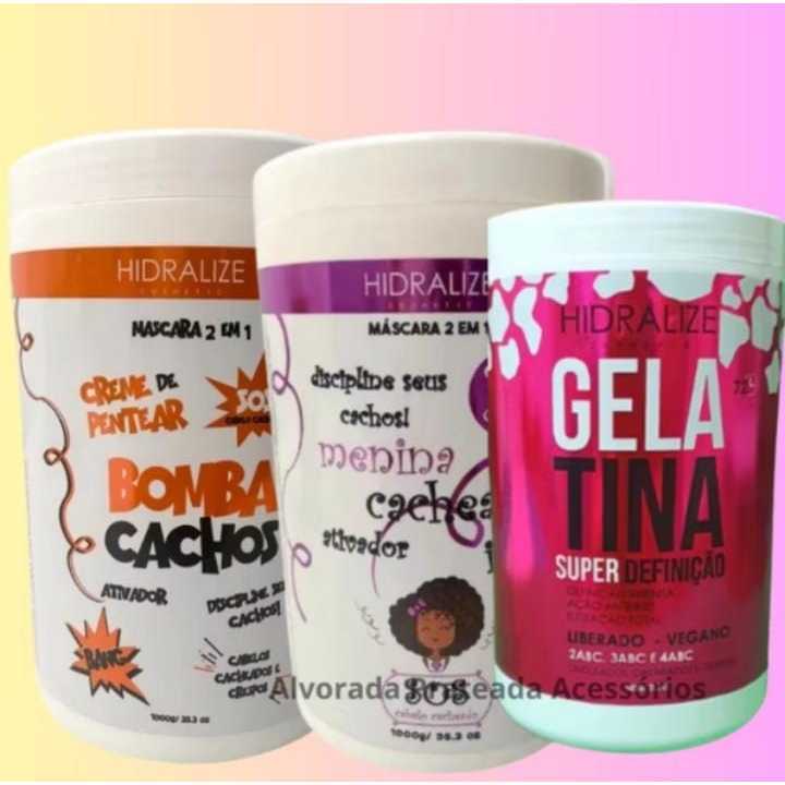 Kit 3 Hidralize Ativador de Cachos -Máscara 2 em 1 Bomba Cachos -Gelatina Super Definição-Máscara 2 em 1 Cacheada