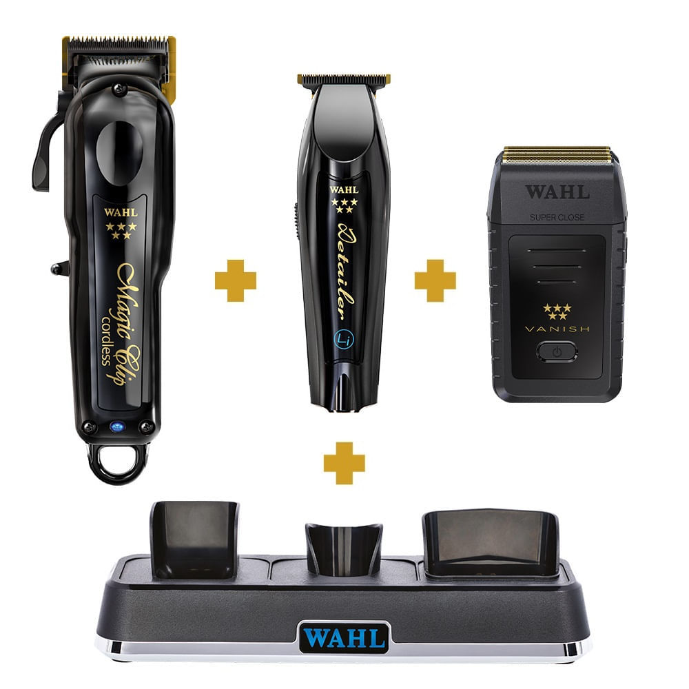 Kit Máquina De Cortar Cabelo Magic Clip Black + Barbeador Shaver Vanish + Base Carregadora Tripla Power Station Wahl
