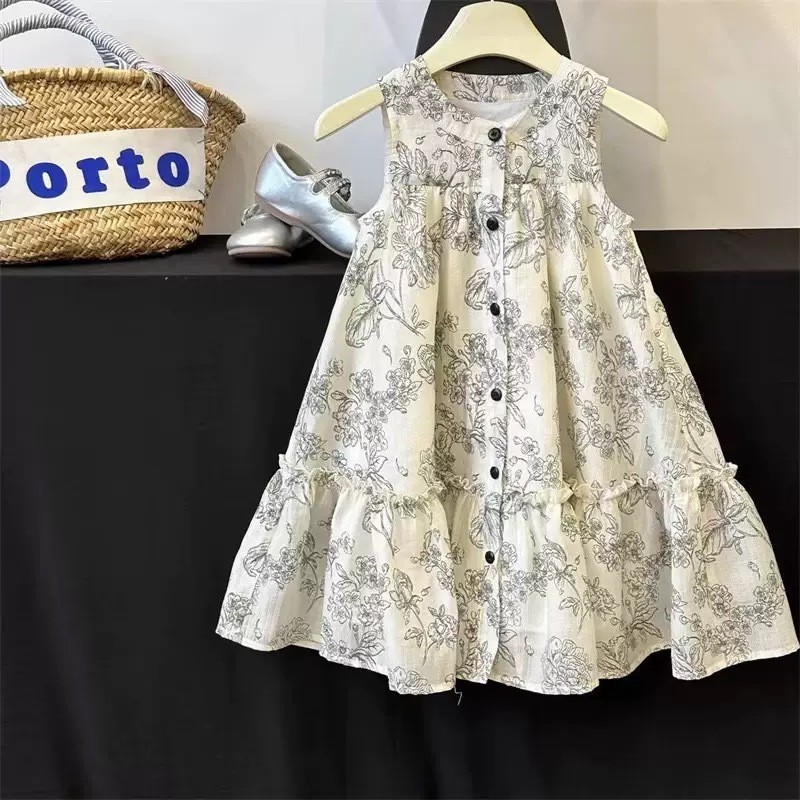 Crianças roupas infantis meninas vestido roupas de verão moda crianças colete saia roupas infantis tinta flor saia estil