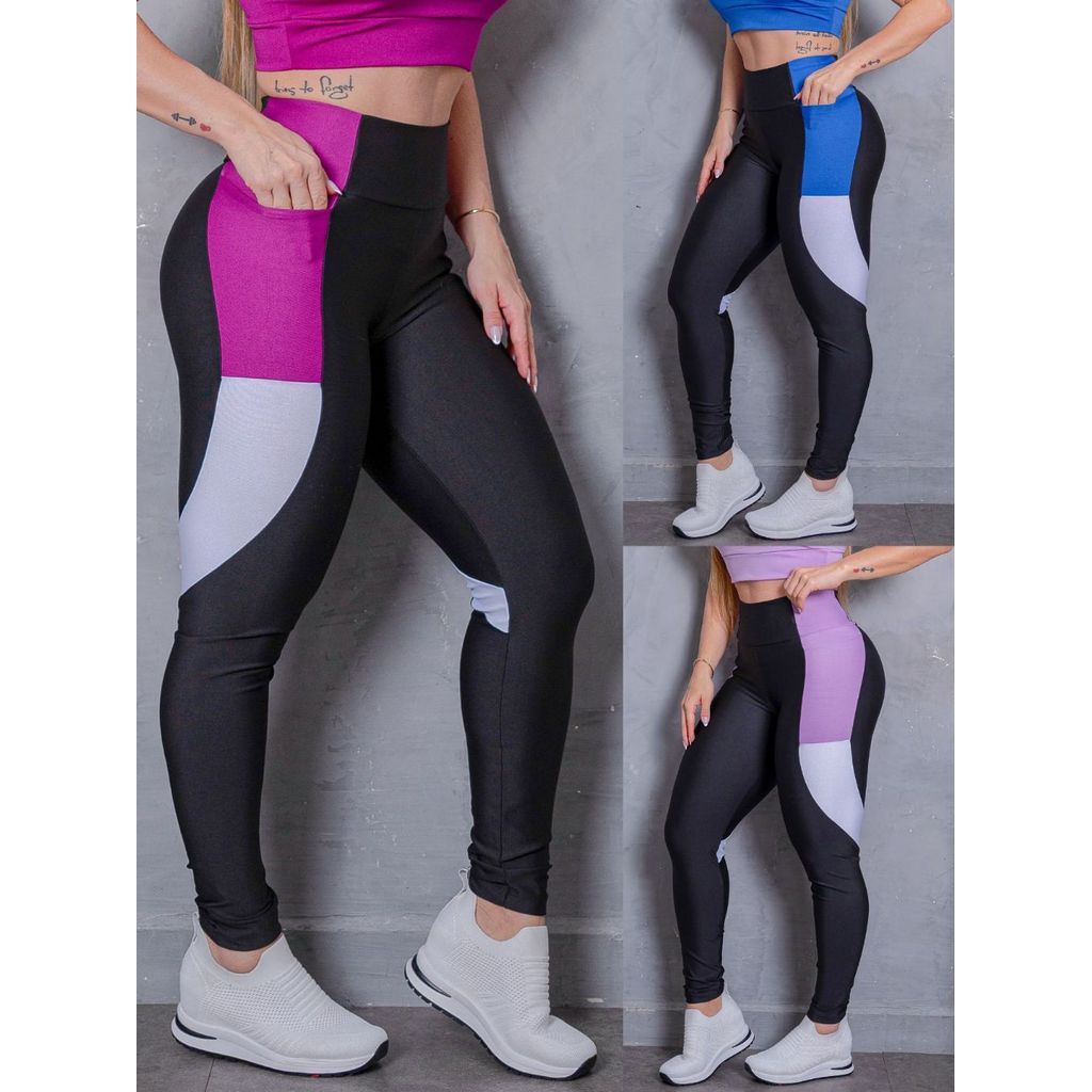 Calça Legging Feminina Com Bolso Academia Fitness Suplex Cós Alto Modeladora Recorte Colorido Fit em Oferta na Shopee
