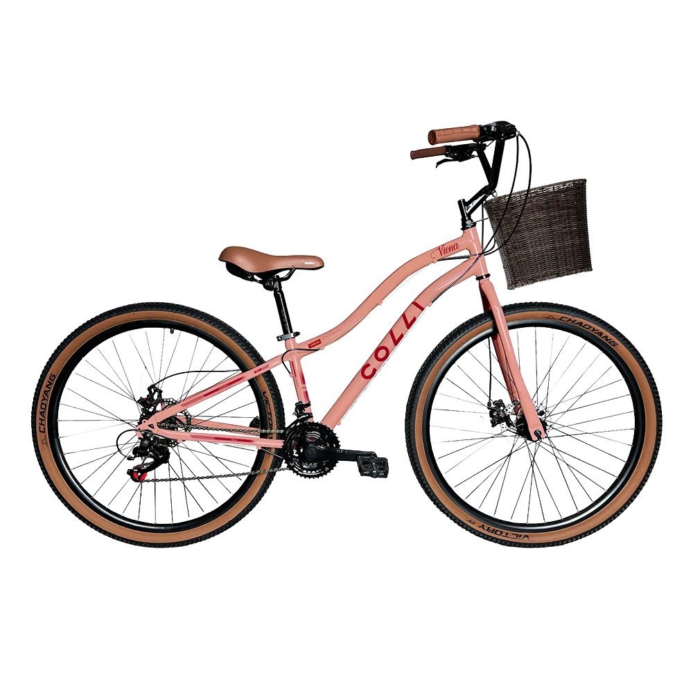 Bicicleta Colli Viena Aro 29 com Cesto - Freio a Disco, 21 Marchas, Rosa Blush em Oferta na Shopee