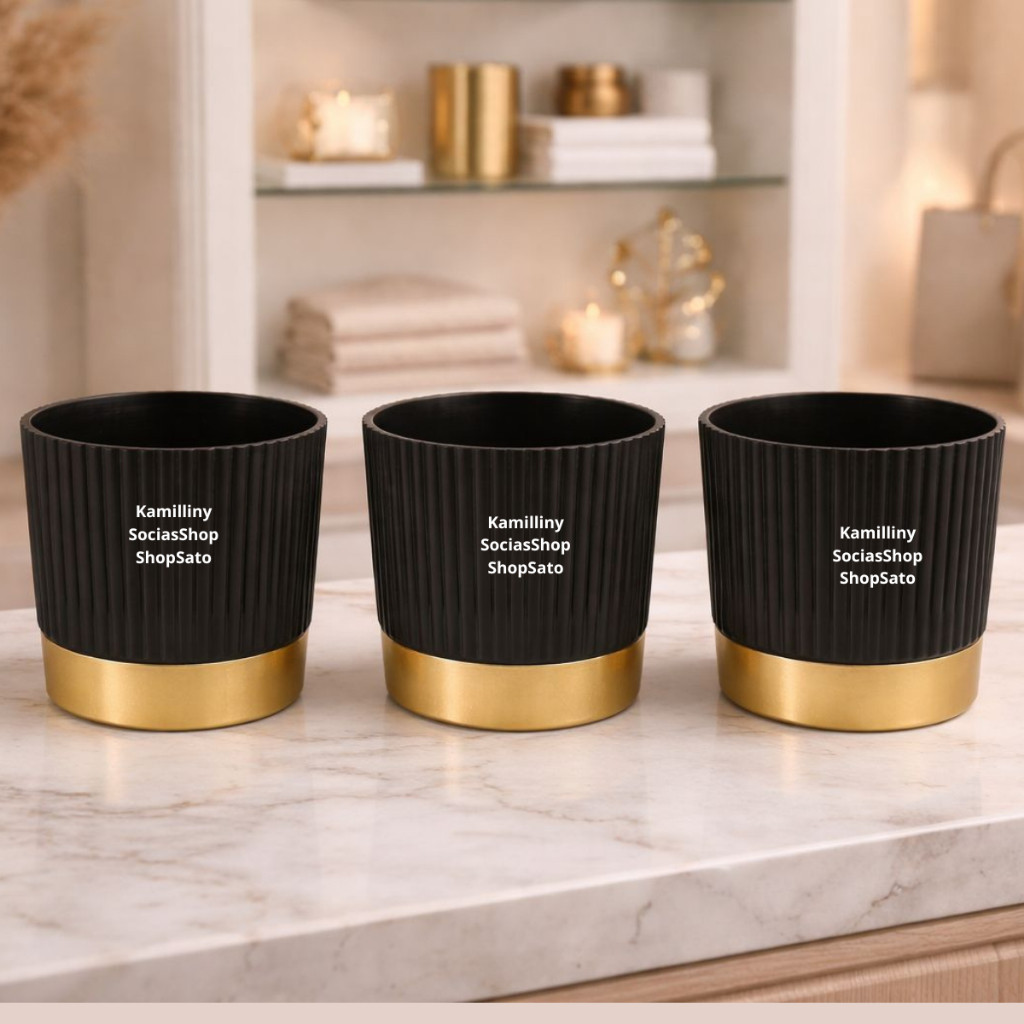 Vaso Cachepot Canelado Preto Com Borda Dourada Redondo De Plástico Para Enfeites E Arranjos Plantas Flores Decoração