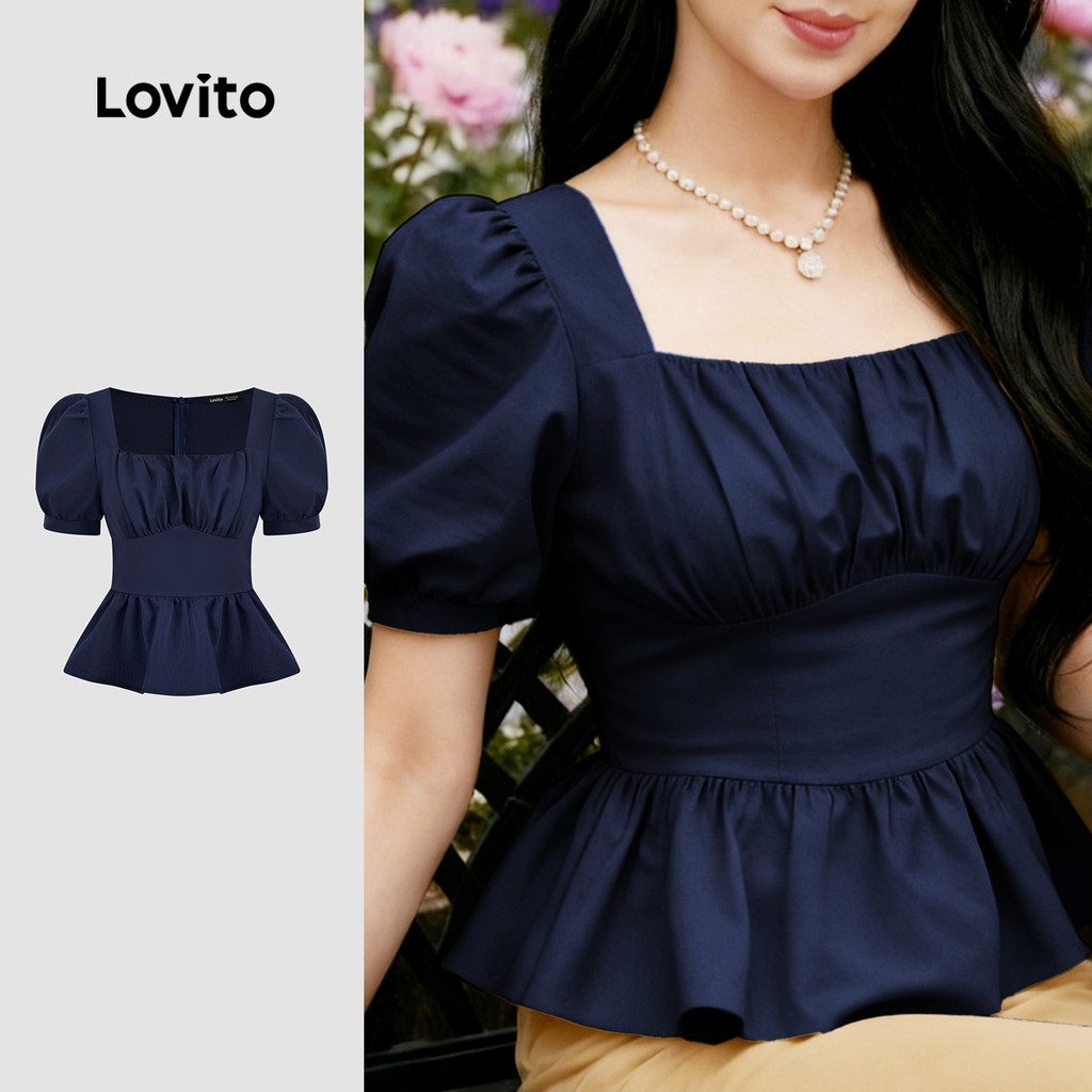 Lovito Blusa Casual Plissada Primavera/verão Blusa Feminina Azul Marinho LK2ED1668 em Oferta na Shopee
