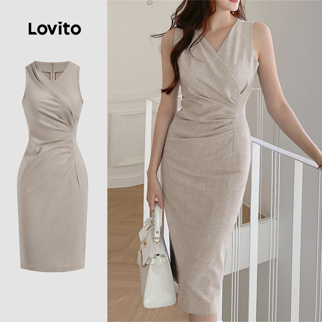 Lovito Vestido elegante plissado simples para mulheres L123ED629 em Oferta na Shopee