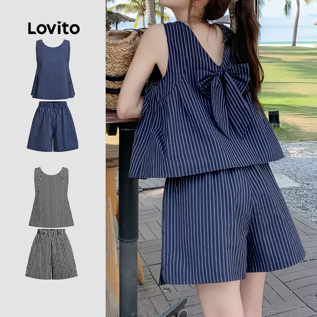 Lovito Conjuntos Casuais de Shorts Geométricos para Primavera/verão em Azul Marinho para mulheres L137ED118 em Oferta na Shopee