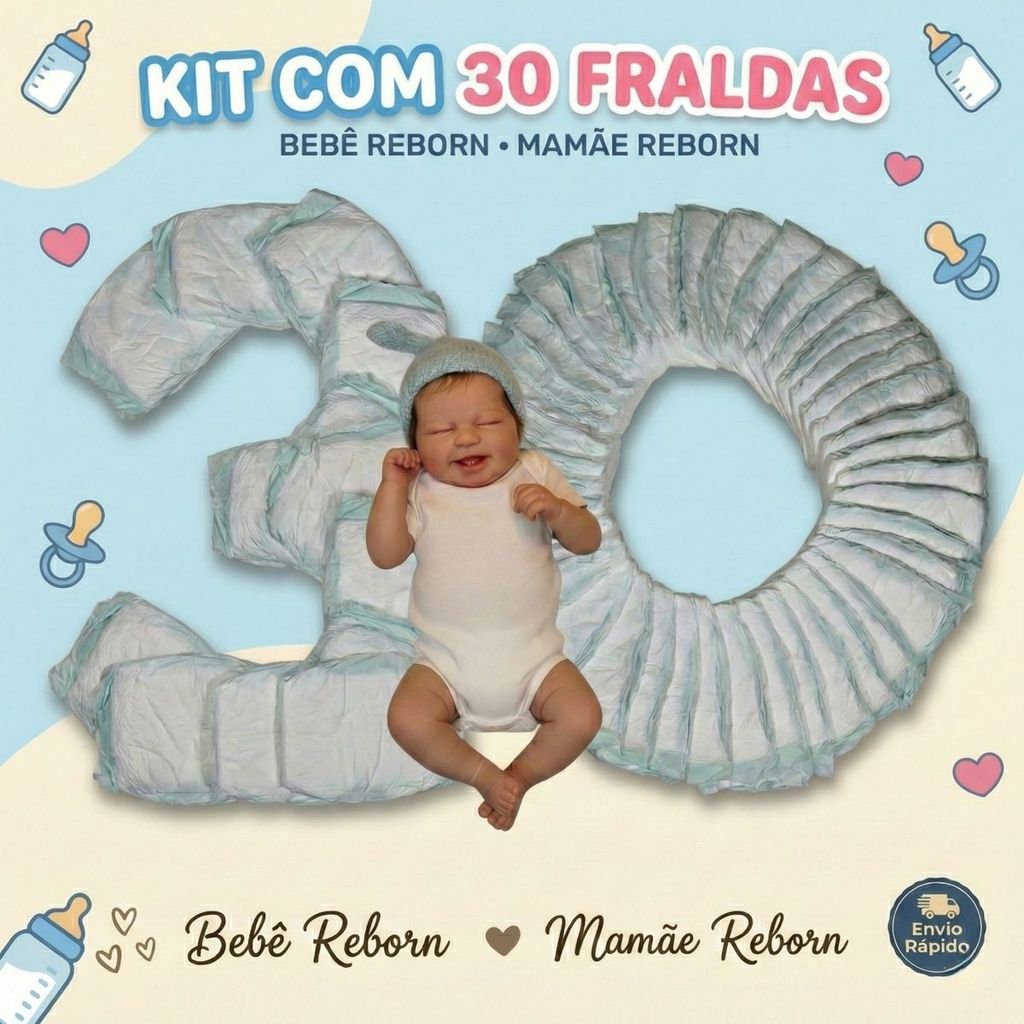 Kit 30 Fraldas Descartáveis Boneca Bebê Mamãe Reborn