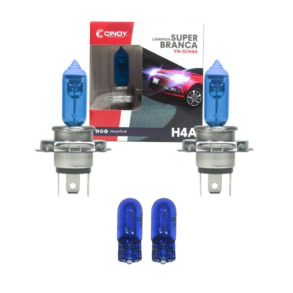 Kit Lâmpadas H4 Super Branca + T10 Cinoy 60/55W Farol Baixo Alto 4 Peças em Oferta na Shopee
