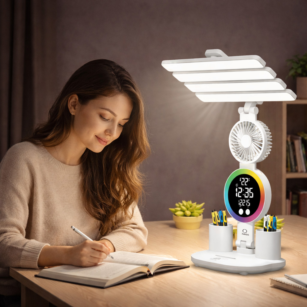 Luminária de Mesa Touch com Ventilador Relógio Digital 3 Cores LED 7W USB ON-LM313
