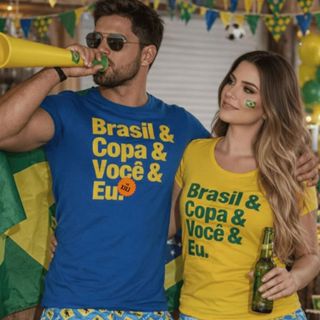 Conjunto Casal namorados Copa Futebol Brasil Seleção Kit 2 Camisetas "Brasil & Copa & Você & Eu" em Oferta na Shopee