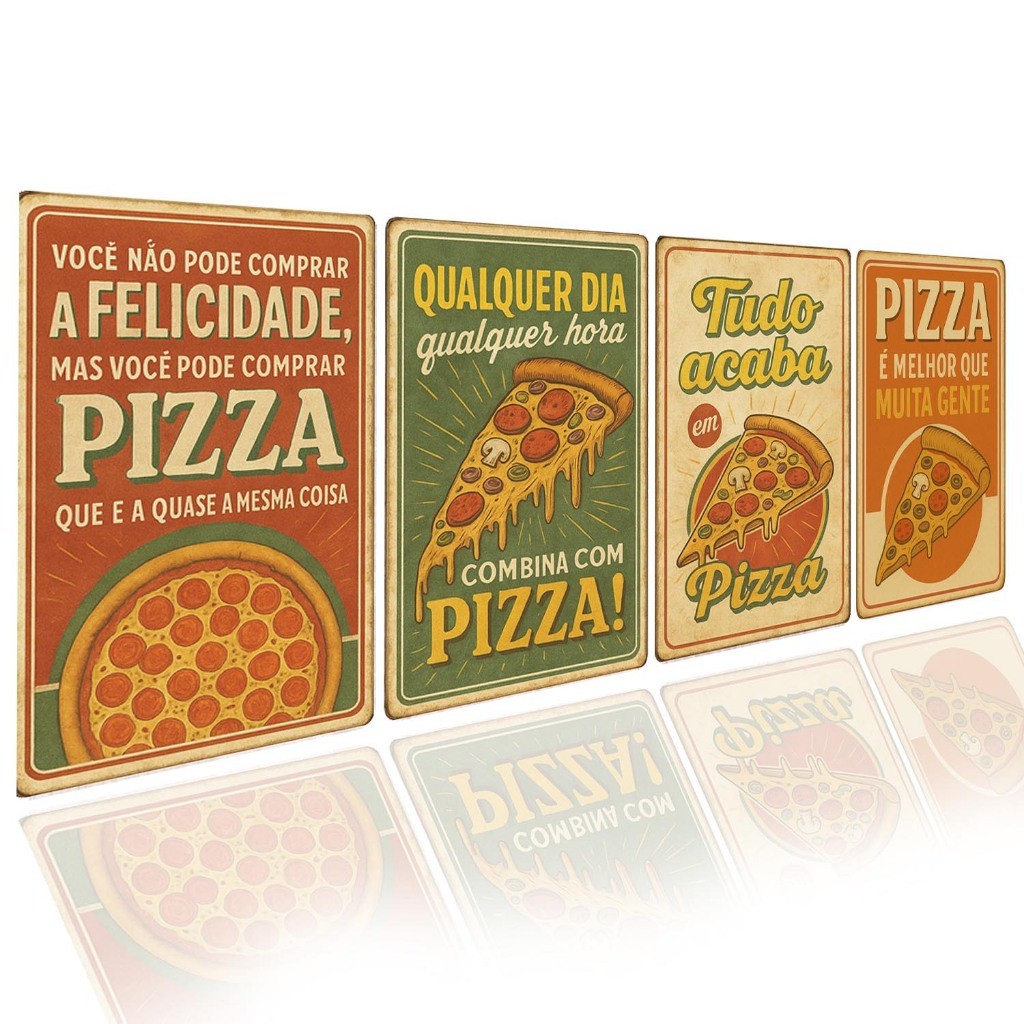 Kit 4 Placas Decorativas Quadros Pizzaria, Frases de Pizza Comida Food