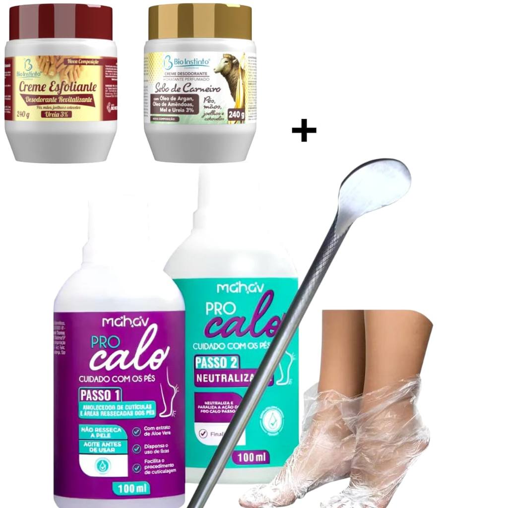Pro Calo  Amolecedor 100ml + Neutralizante 100ml + Espatula 222 + 10 Botas+Creme Esfoliante + Creme Hidratante Sebo