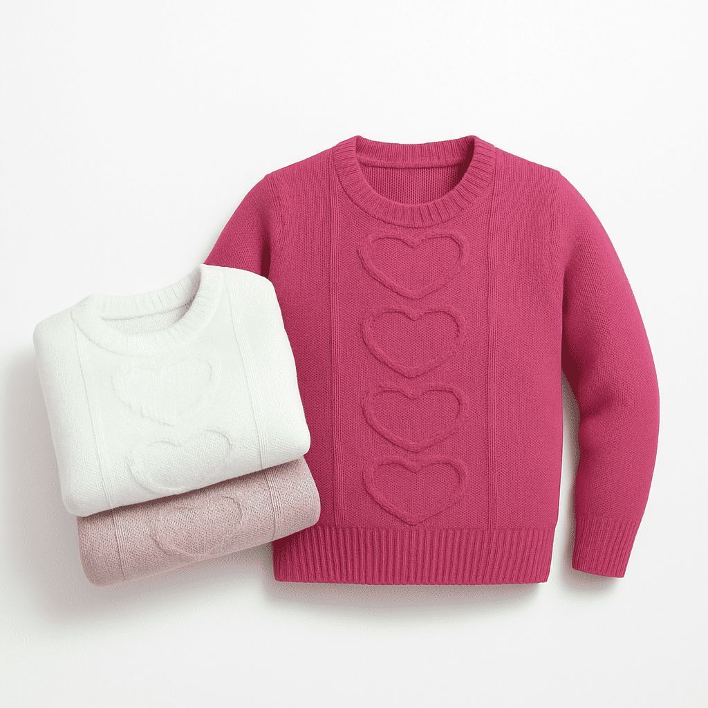 Blusa infantil trico antialérgico menina gola redonda manga comprida detalhes de coração casaquinho quentinho lãdelicada