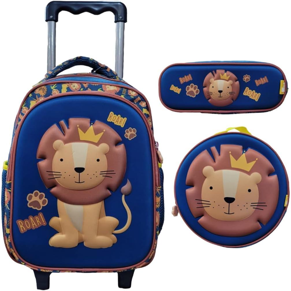 Kit Mochila de Rodinha Lancheira Térmica Estojo 3D Leão Yins YS42245