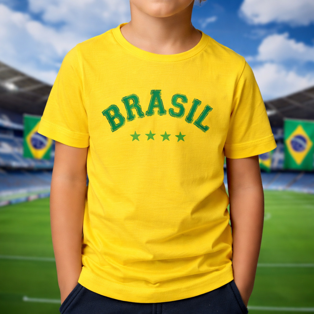 Camiseta Brasil Infantil Juvenil Copa do Mundo 2026 Futebol Torcida 100% Algodão Premium