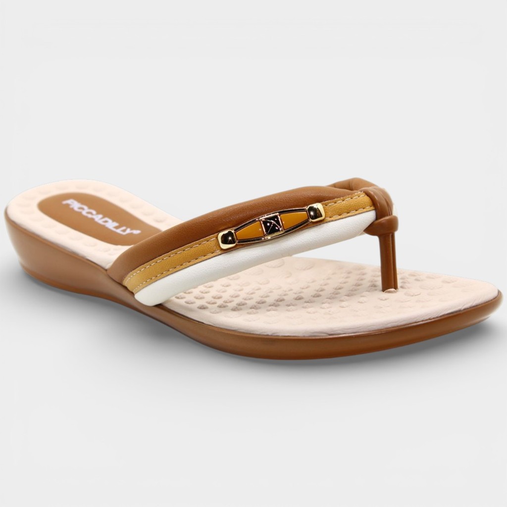 Chinelo Anabela Piccadilly Detalhe Dourado Feminino - Caramelo
