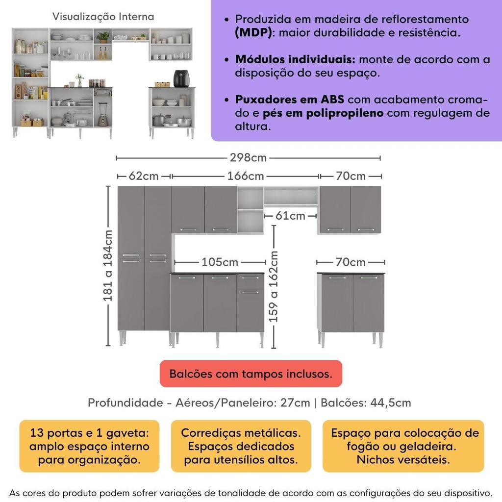 Armário Cozinha Modulada Completa 298cm Pequim Top Multimóveis MP3768
