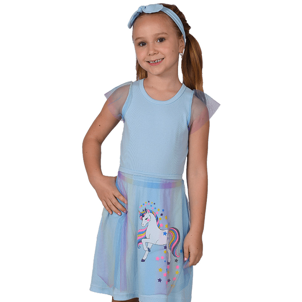 Vestido Infantil Azul Unicórnio Saia Avental de Tule Colorido