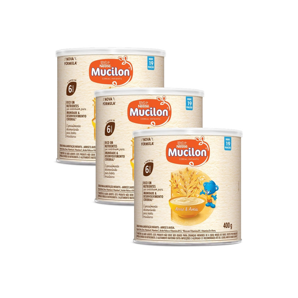 Kit 3 Mucilon Cereal Infantil Sabor Arroz e Aveia a Partir de 6 Meses 400g