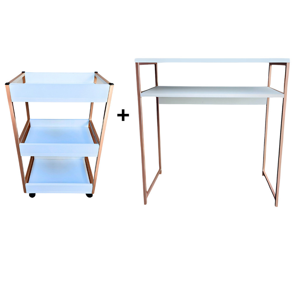 Kit Mesa Para Manicure + Carrinho Auxiliar com Rodinhas Modelo Industrial Rose em Oferta na Shopee