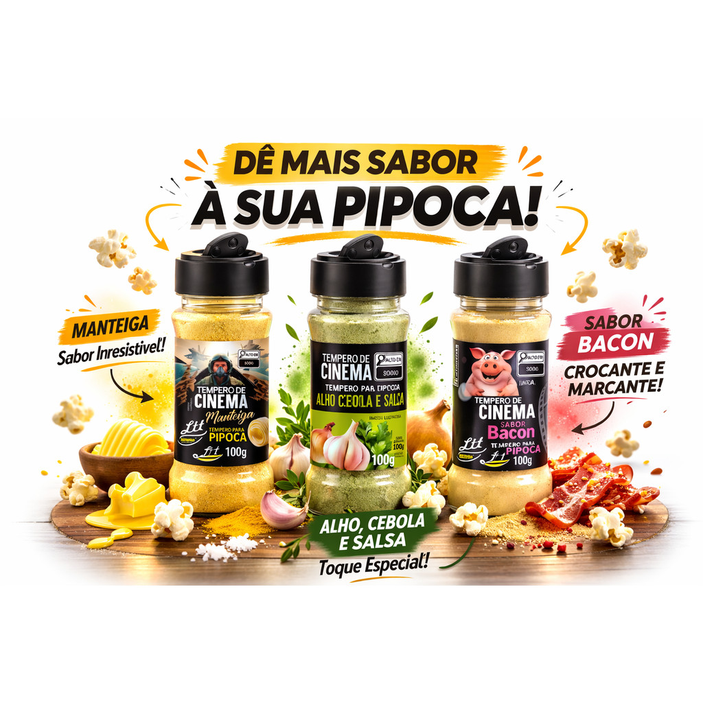 Kit Tempero Para Pipoca Manteiga, Alho Cebola Salsa e Bacon