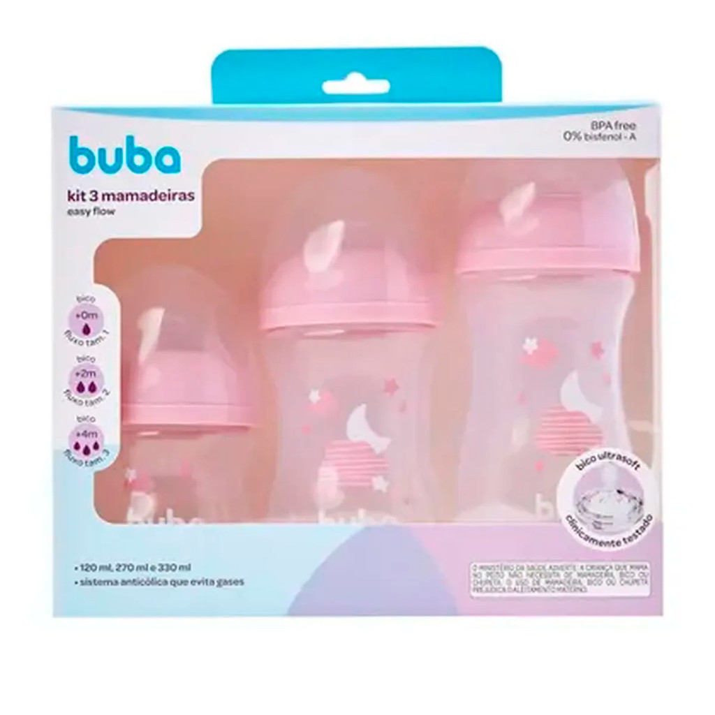 Kit 3 Mamadeiras Buba Easy Flow Anticólica Nuvem Rosa