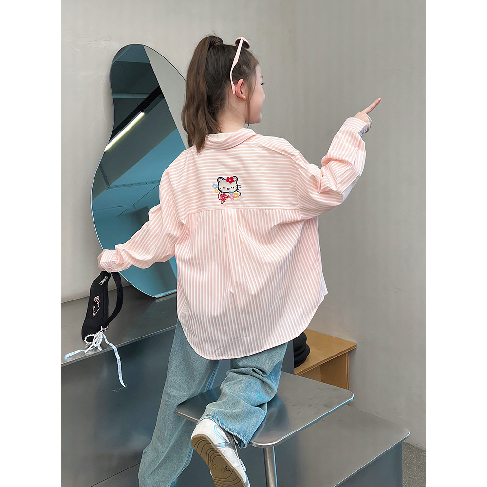 Meninas grandes estilo ocidental camisa listrada crianças soltas camisa de manga comprida meninas topo Cardigan 2026 pri