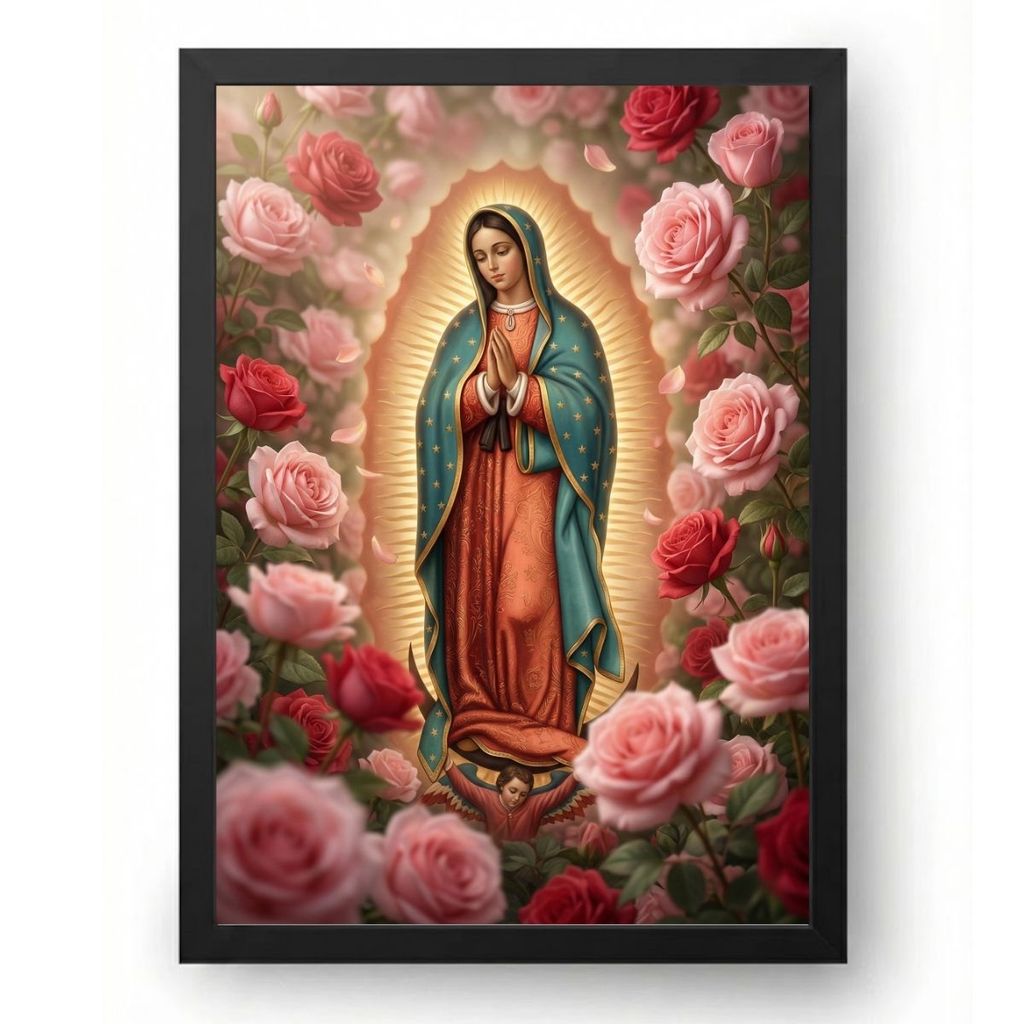 Quadro Placa Decorativa Nossa Senhora de Guadalupe Com Rosas