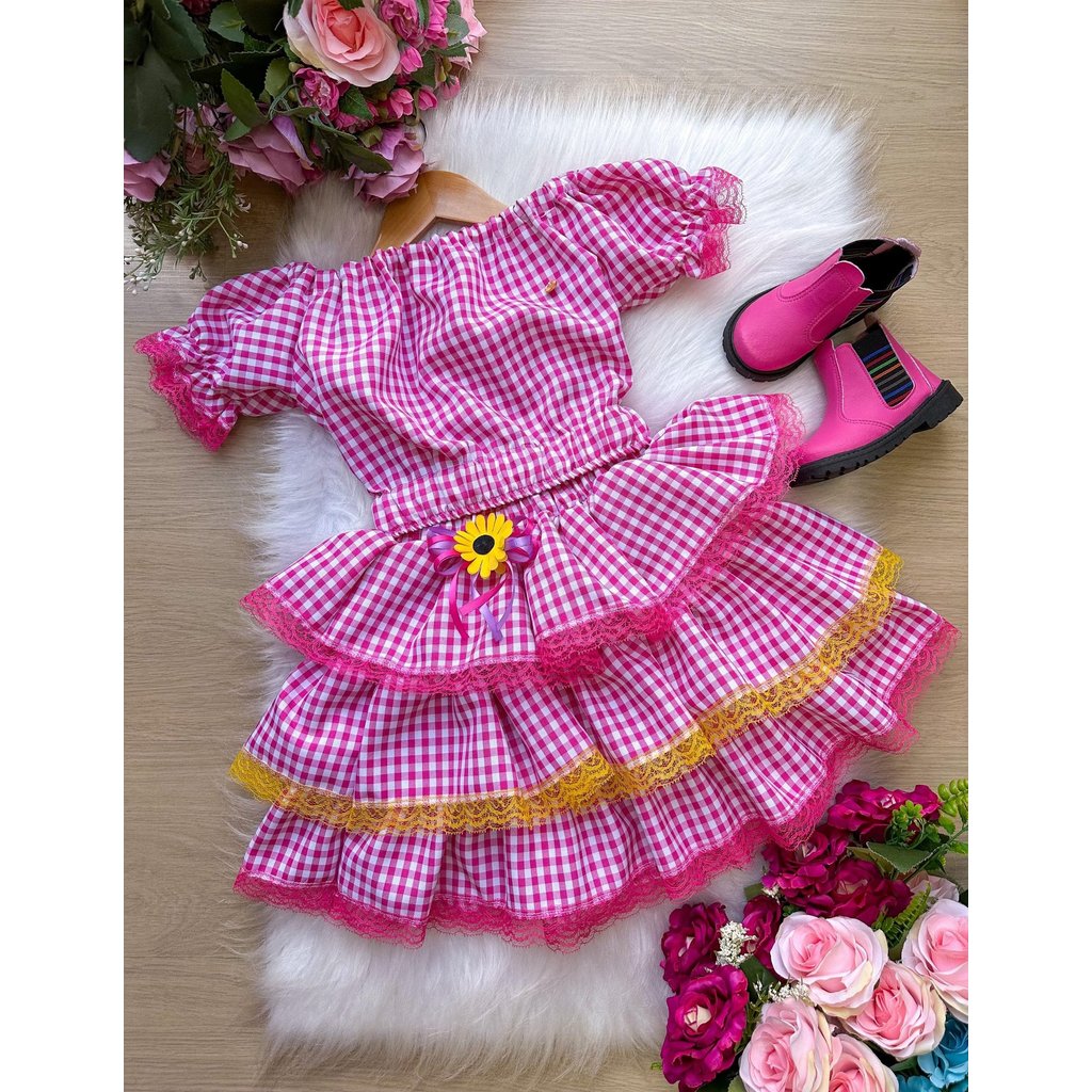 Conjunto Junino Banana Club Luxo Gabriela Xadrez Pink