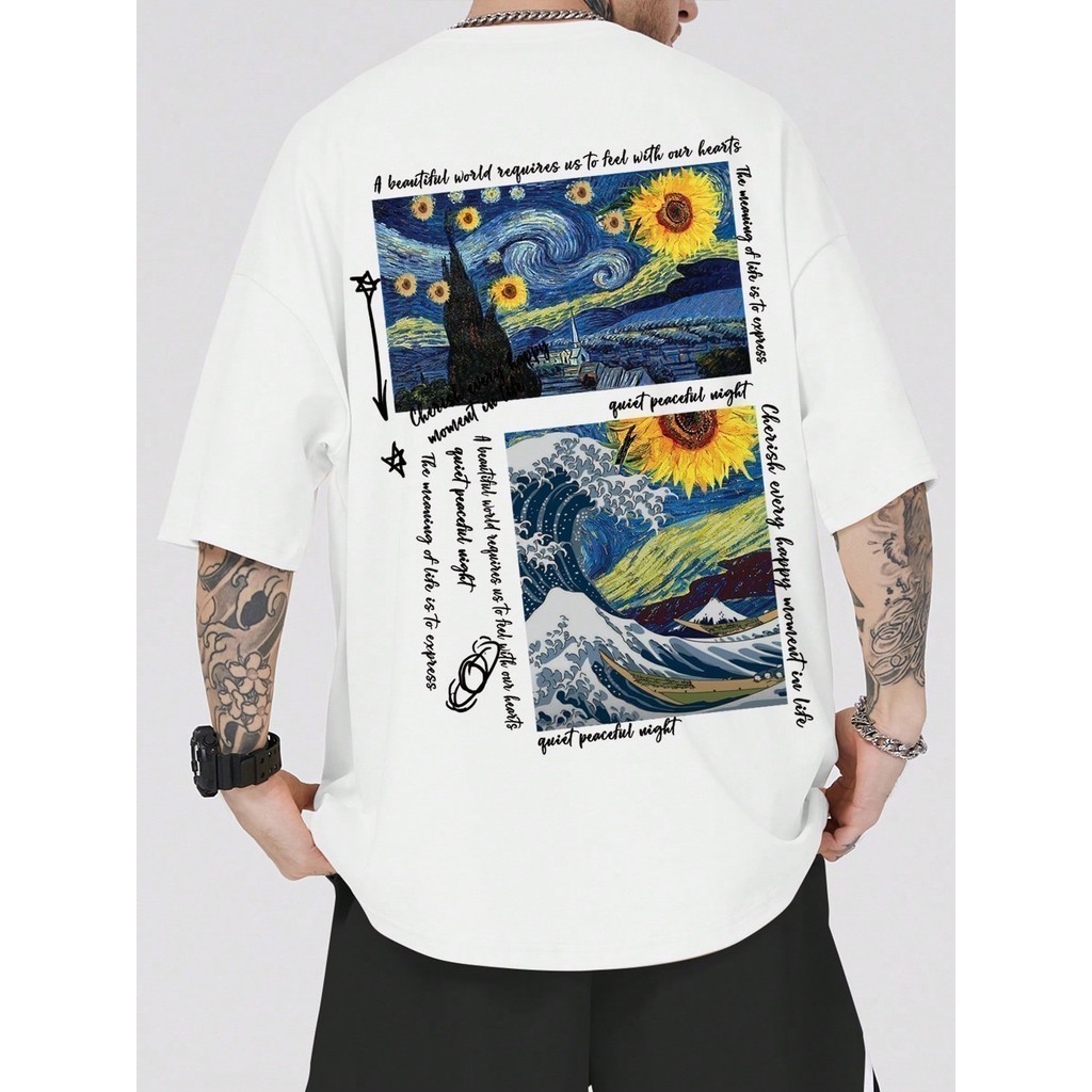 Camiseta Masculina Moda Streetwear Van Gogh Camisa 100% Algodão Fio 30.1 Skatista Blusa Estampada