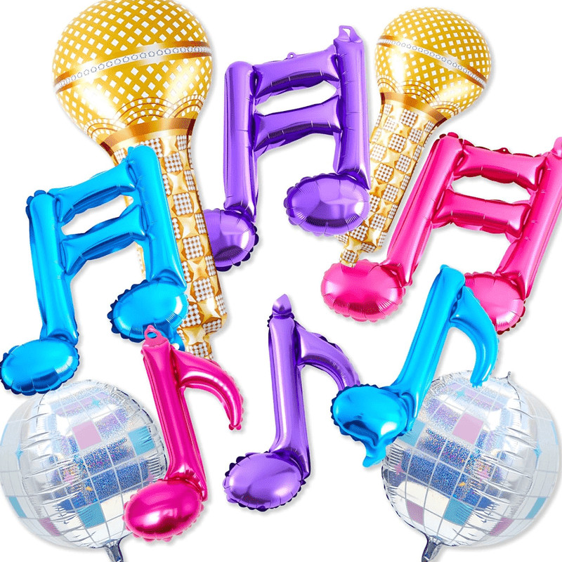 Kit De Balão Musical 10pcs | Rosa Roxo E Azul Notas Bola De Discoteca Estrela Explosão Balões Microfone Para Vocalista F
