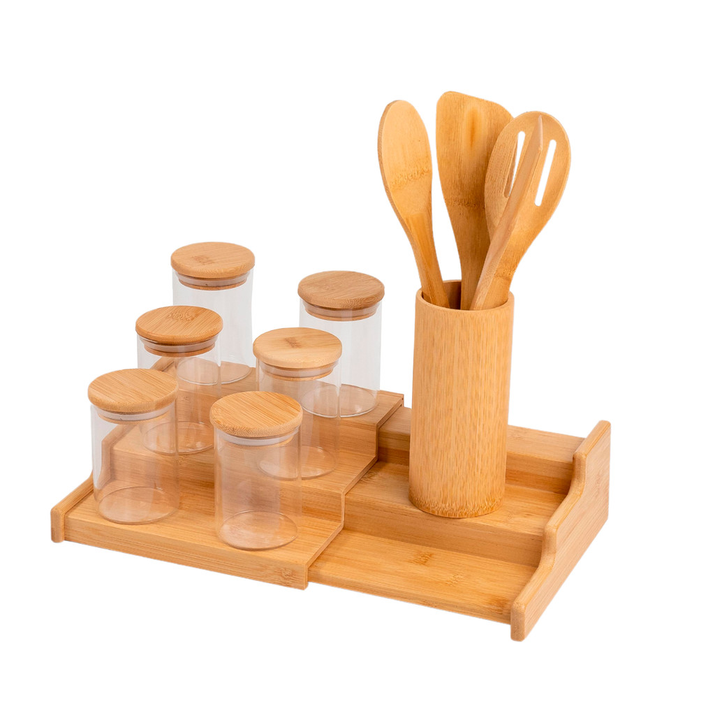 Kit 6 Potes Hermético 250ml com Tampa de Bambu, Rack Organizador de Bambu E 4 U