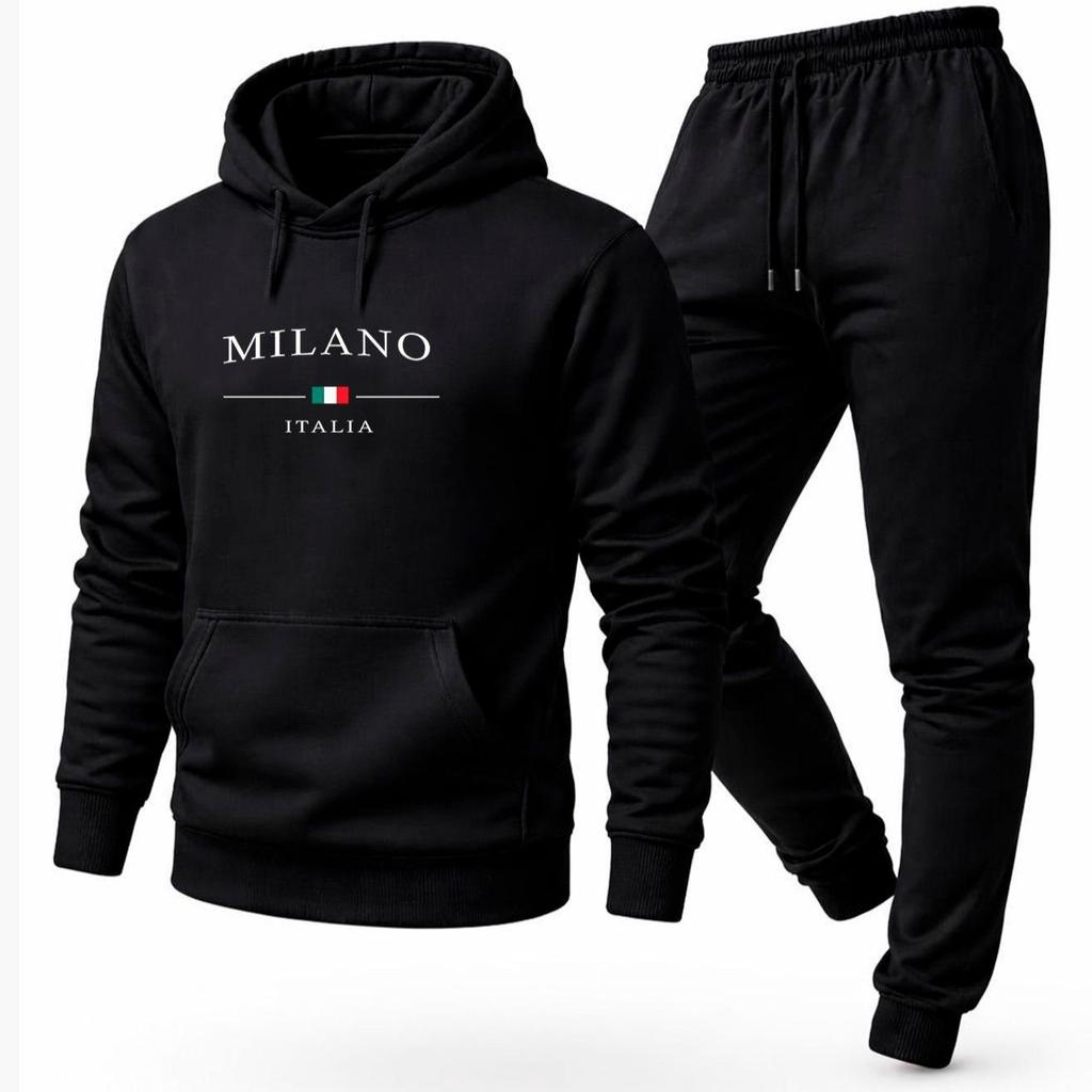 Conjunto Moletom Unissex Estampado Milano Calça e Blusa flanelados Com Capuz Bolso Canguru