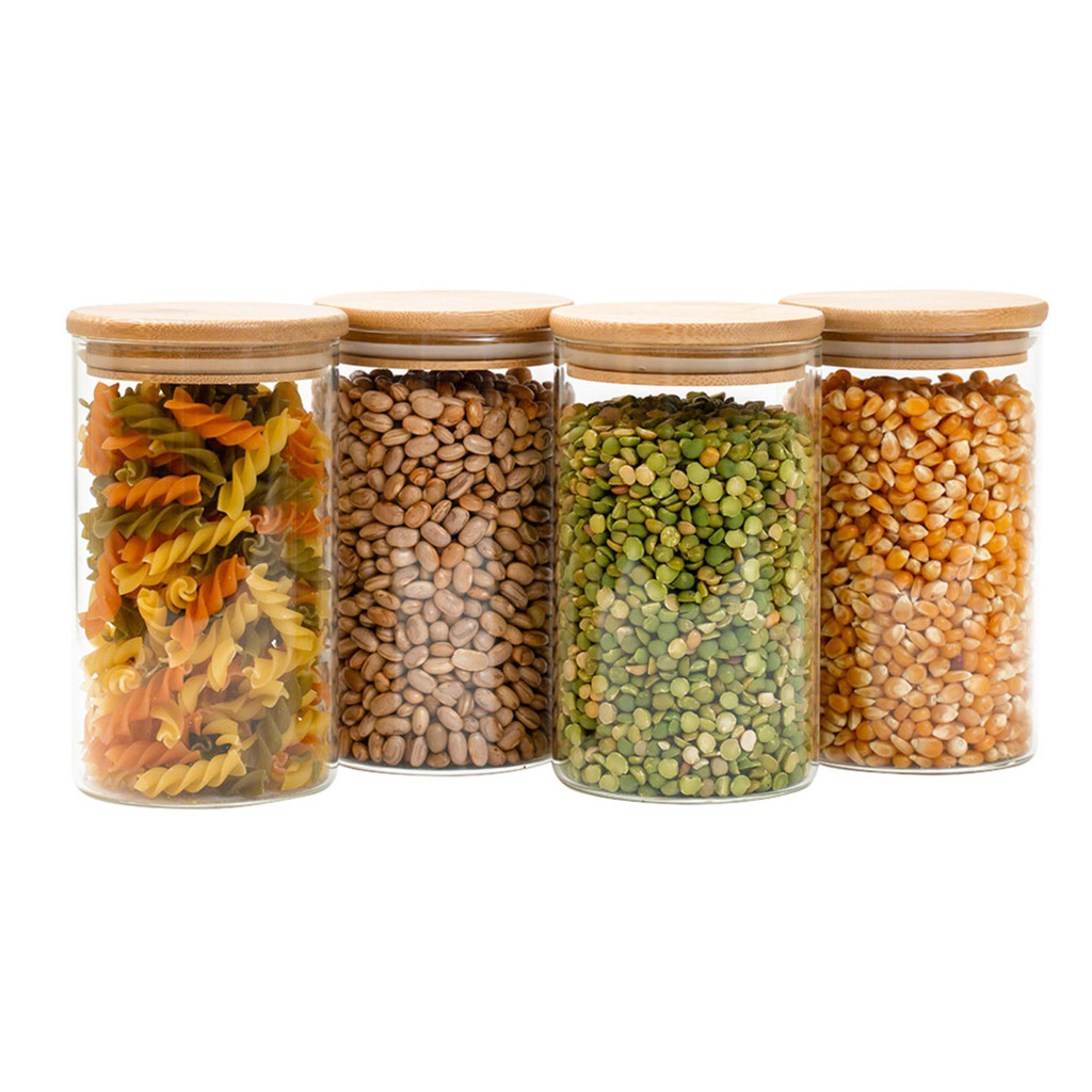Kit 4 potes de vidro 600ml tampa de bambu herméticos redondos - Tüd