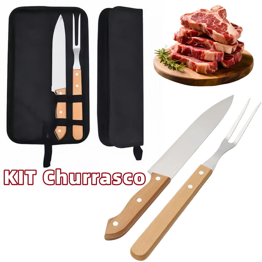 Jogo para churrasco de aço inoxidável com faca e garfo