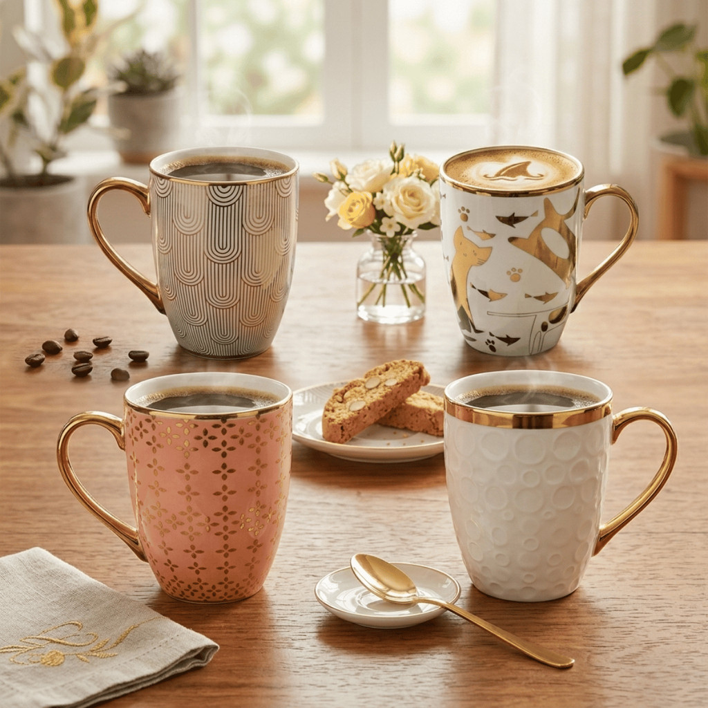 Jogo 4 Canecas Xícara de Porcelana 300ml Dourada Várias Estampas Luxo - Strong / Café, Chá / Cozinha